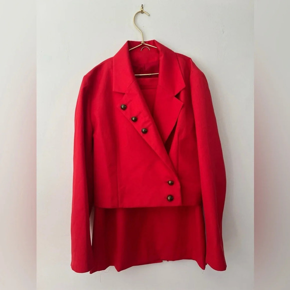 ESSENTIALS vintage Solid All Red Blazer Jacket Skirt Suit Set women’s size 10 - Picture 2 of 5